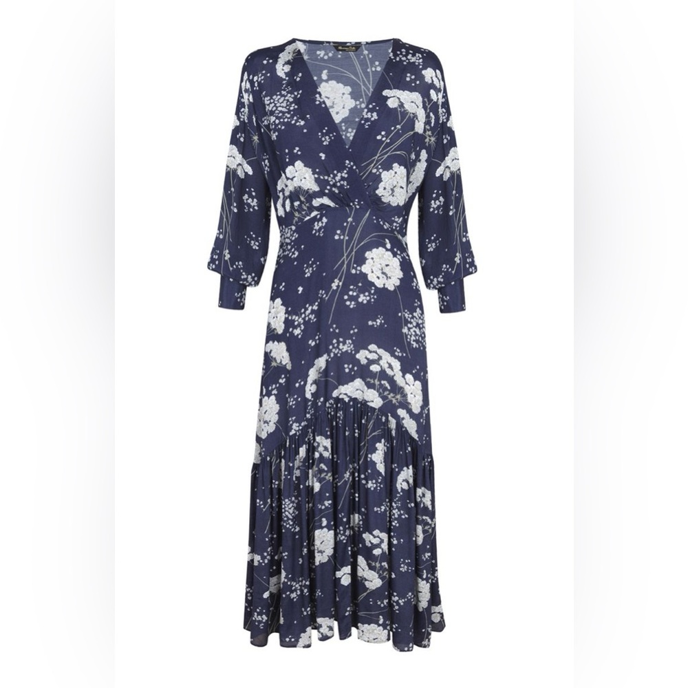 NWOT - Massimo Dutti Floral Print Midi Dress, Size 6 / 38 Women’s, Navy & White